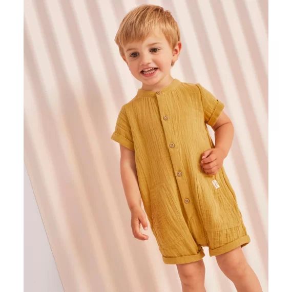 Combishort bébé garçon en gaze de coton jaune au col mao –  – Soldes
