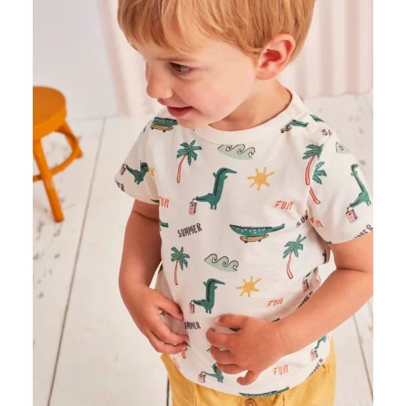 T-shirt bébé garçon écru en coton bio avec crocodiles –  – Soldes