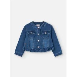Veste En Jean Avec Volant Et Col Rond Bleu