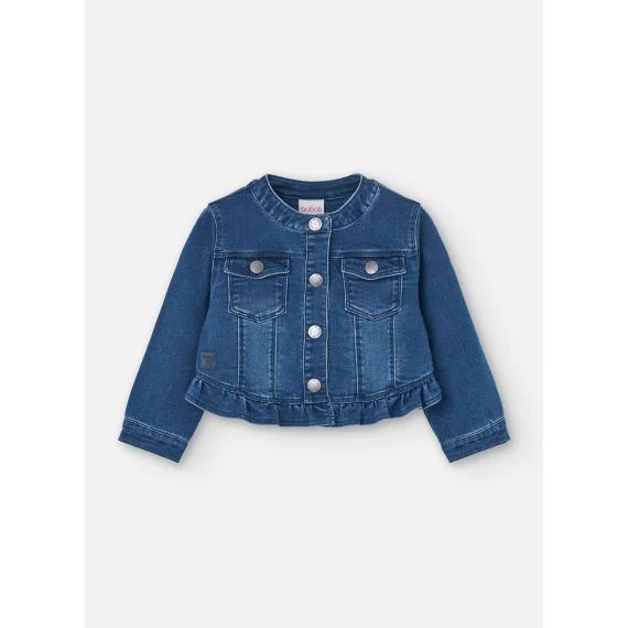 Veste En Jean Avec Volant Et Col Rond Bleu