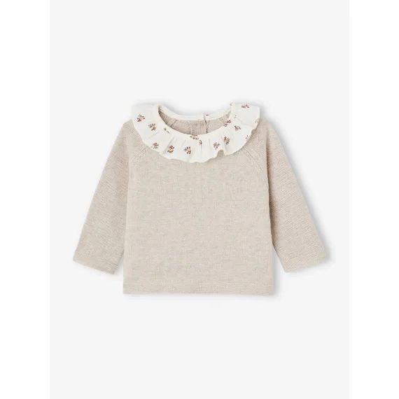 Pull à collerette fleurie bébé naissance beige chiné