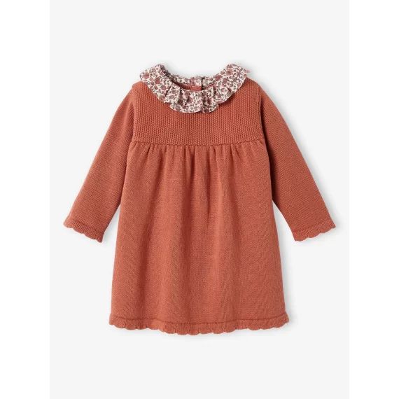 Robe en tricot bébé col en tissu fleuri rouille