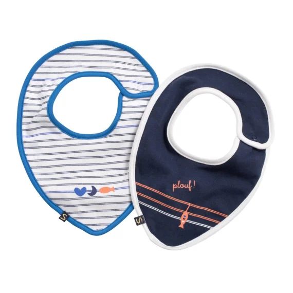 Lot De 2 Bavoirs En Coton Marinière Bleu/blanc