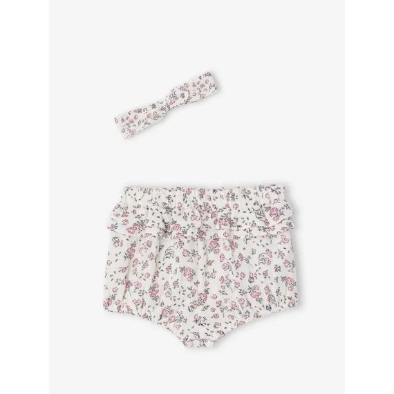 Ensemble naissance bloomer et bandeau fleuris écru