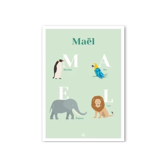 Affiche A3 abécédaire animaux vert (personnalisable)