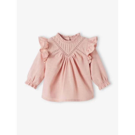 Blouse volantée bébé en tissu flammé rose poudré