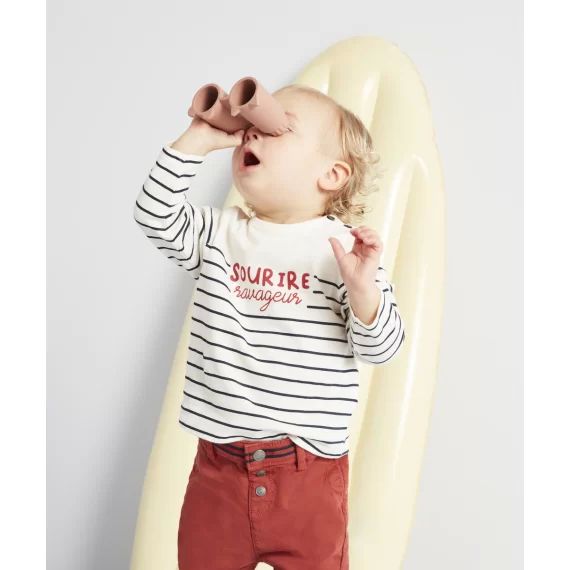 T-shirt bébé garçon en fibres recyclées rayé message rouge –  – Soldes