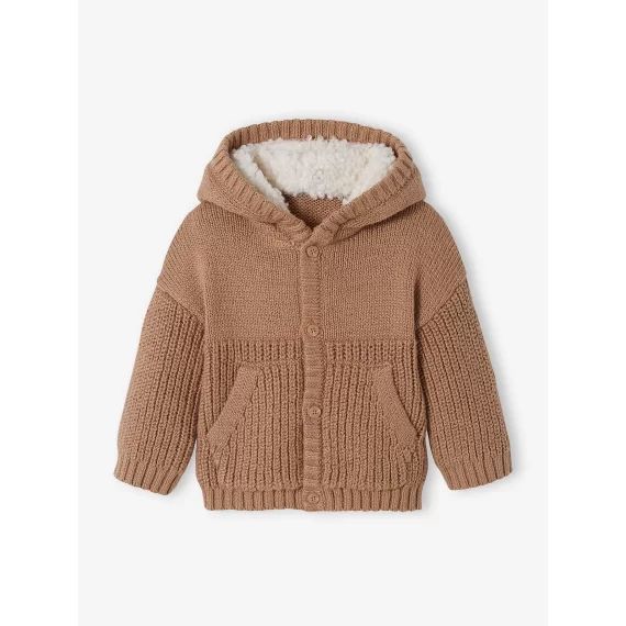 Gilet boutonné bébé capuche doublée peluche beige