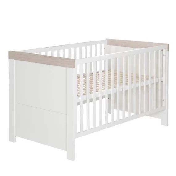 ROBA Lit Bébé Évolutif 70×140 cm – Lucy – Hauteur Ajustable à 3 Niveaux – Convertible en Lit Junior – Blanc Canadien / Effet Bois blanc