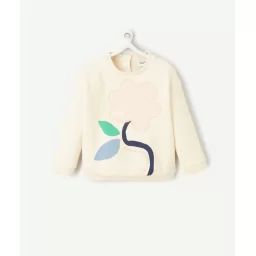 Sweat bébé fille en fibres recyclées écru avec fleur en scratch