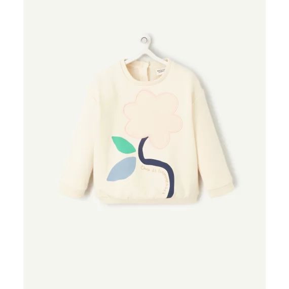 Sweat bébé fille en fibres recyclées écru avec fleur en scratch