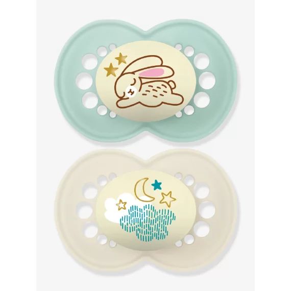 Lot de 2 sucettes en silicone MAM Nuit 18+ vert + bleu
