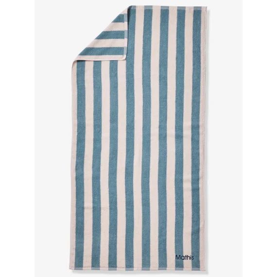 Serviette de bain rayée TRANSAT personnalisable, avec coton recyclé rayé bleu