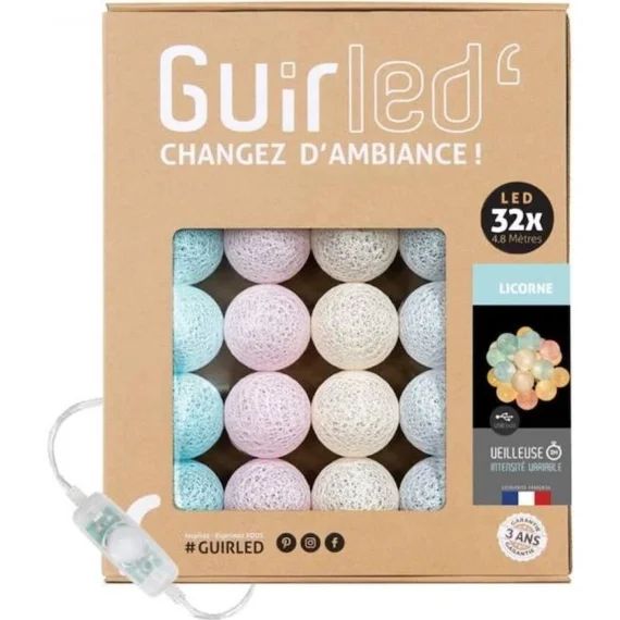 Guirlande lumineuse boules coton LED USB – Veilleuse bébé 2h –  3 intensités – 32 boules 3,2m – Licorne bleu