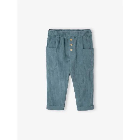 Pantalon bébé en gaze de coton bleu canard