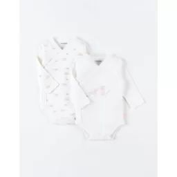 Set de 2 bodies croisés manches longues imprimés blanc