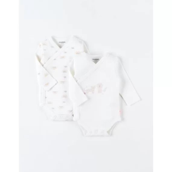 Set de 2 bodies croisés manches longues imprimés blanc
