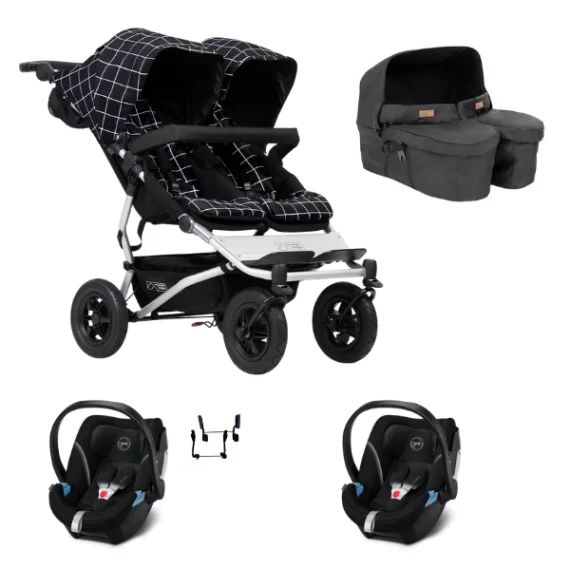 Poussette Double Mountain Buggy Duet V3.2 – Grid + Nacelle Jumeaux + 2 Coques Auto Cybex Aton 5 – Deep Black
