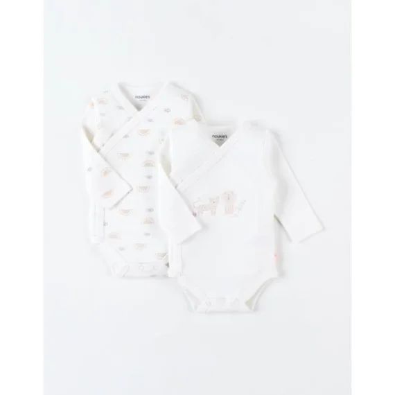 Set de 2 bodies croisés manches longues imprimés blanc