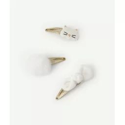 Lot de 3 barrettes bébé fille pailletées avec pompon noeud et chat –  – Soldes