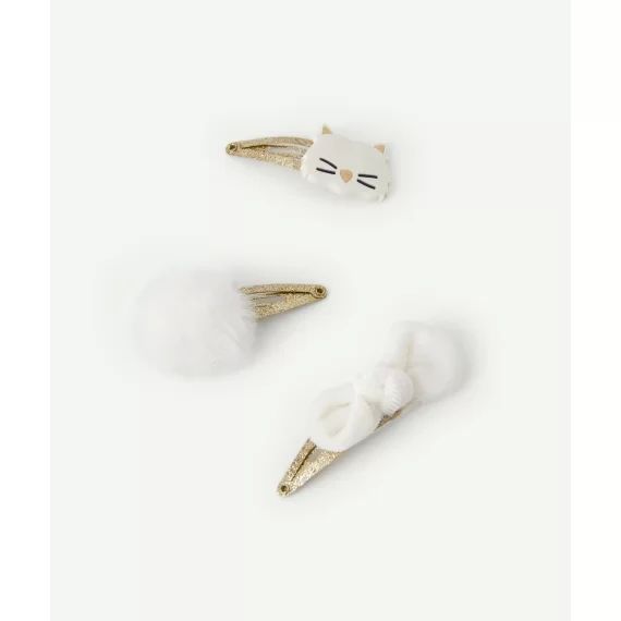 Lot de 3 barrettes bébé fille pailletées avec pompon noeud et chat –  – Soldes