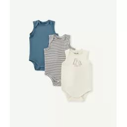 Lot de 3 bodies en coton bio sans manches unis et imprimés –  – Soldes