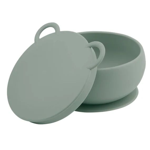 Bol Bébé Avec Ventouse Et Couvercle En Silicone Vert Amande