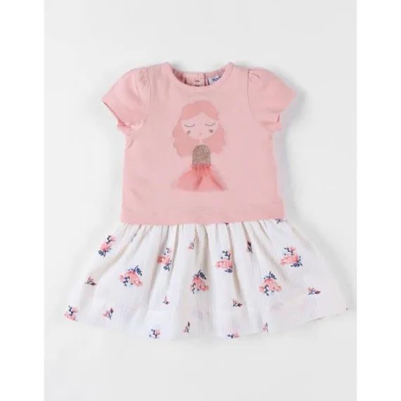 Robe Bi-matière À Manches Courtes Impression Fleurie Poudré Rose