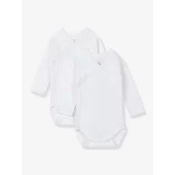 Lot de 2 bodies croisés manches longues bébé naissance en coton bio PETIT BATEAU blanc
