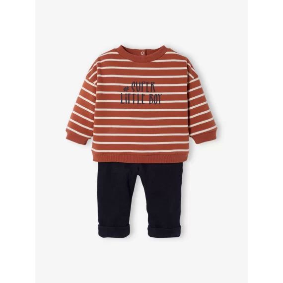 Ensemble bébé sweat + pantalon en velours chocolat rayé