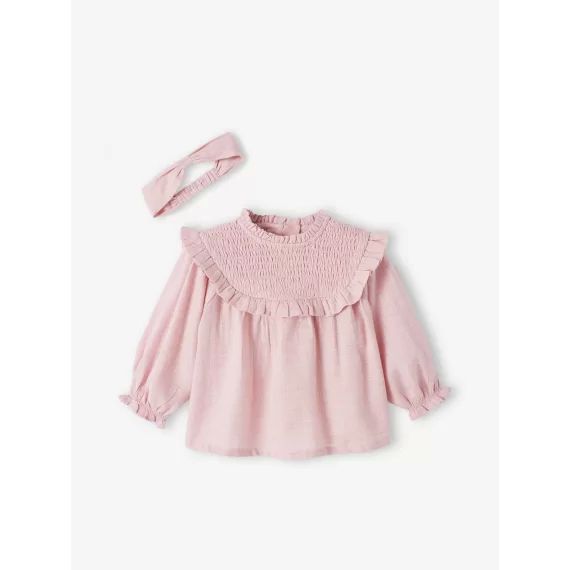 Blouse à smocks bébé et son bandeau assorti lilas