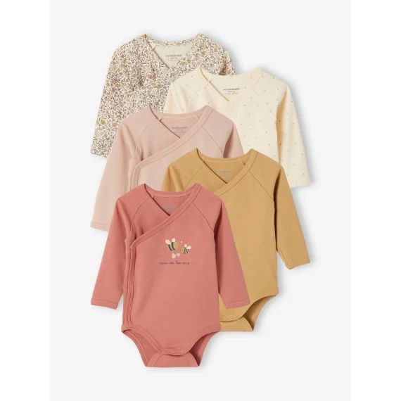 Lot 5 bodies manches longues bébé ouverture naissance en coton bio vanille