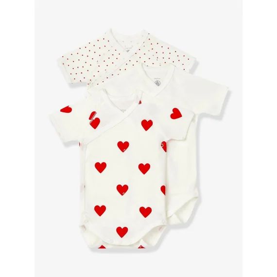 Lot de 3 bodies croisés manches courtes coeurs bébé naissance en coton bio PETIT BATEAU blanc