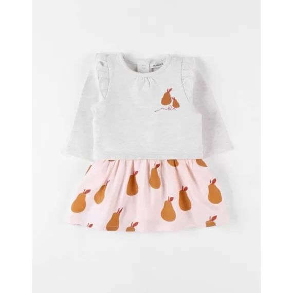 Robe bi-matière imprimé poires beige