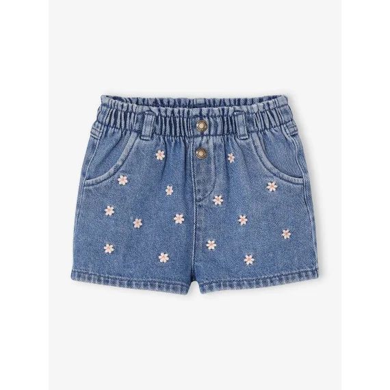 Short en denim bébé broderie marguerites stone