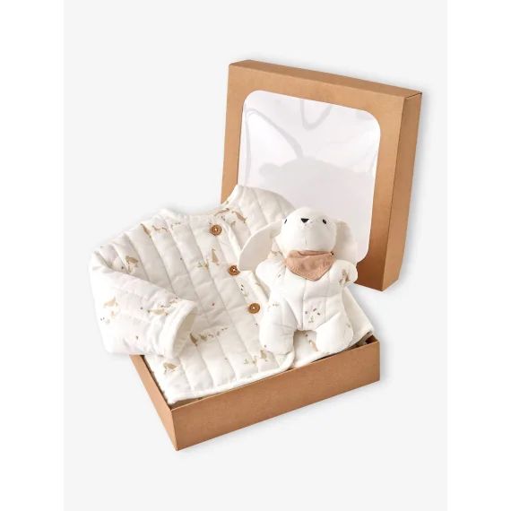 Coffret naissance veste matelassée en velours + doudou écru