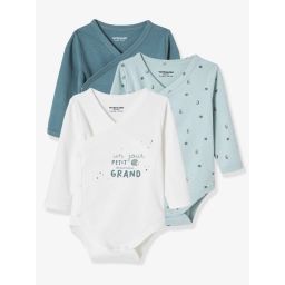Lot de 3 bodies manches longues en coton bio ouverture naissance lot vert grisé
