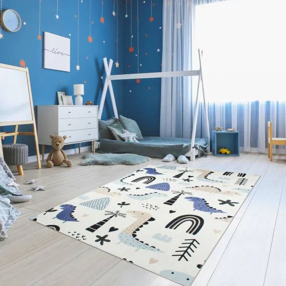 Tapis Enfant Tissé Motif Animaux Dino Bleu