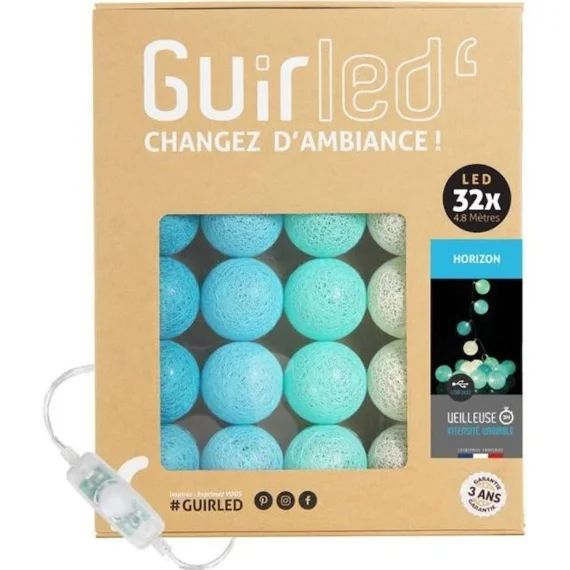 Guirlande lumineuse boules coton LED USB – Veilleuse bébé 2h –  3 intensités – 32 boules 3,2m – Horizon bleu