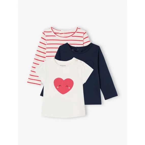 Lot de 3 t-shirts Basics fille manches longues rayé rouge