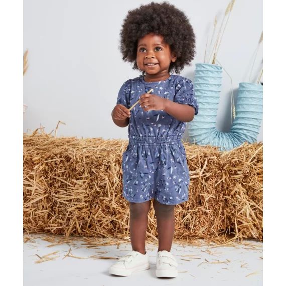 Combi-short bébé fille en coton bleu nuit imprimée fleurie –  – Soldes