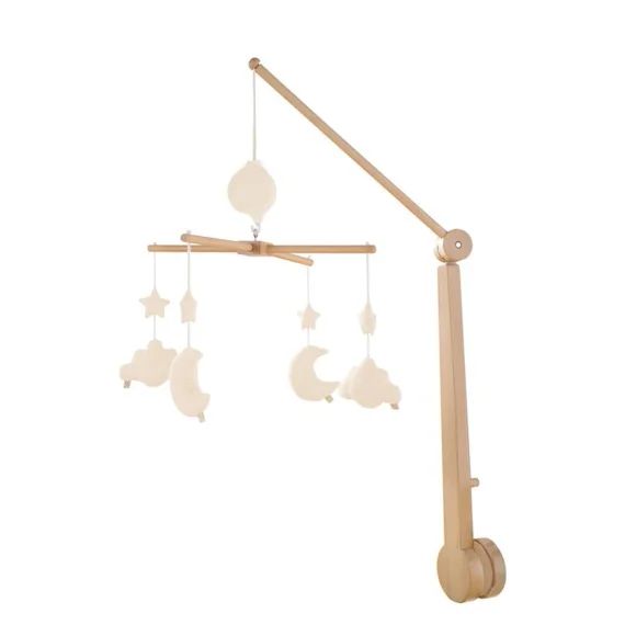 Mobile Musical Bébé En Bois Avec 4 Jouets Beige