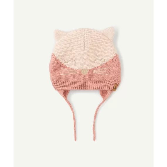 Bonnet chat bébé fille en fibres recyclées rose avec oreilles
