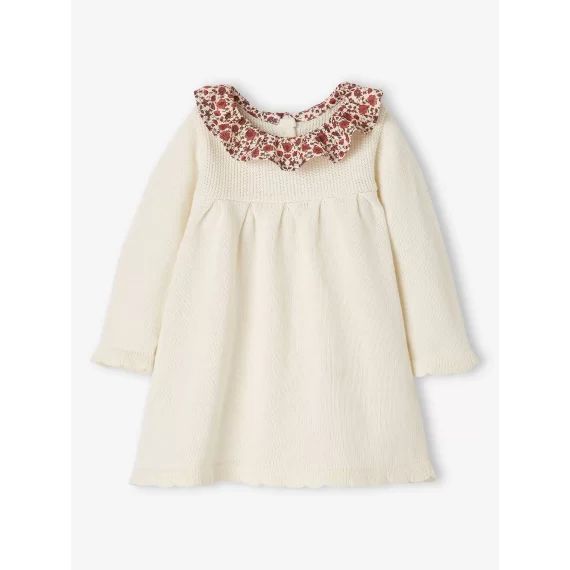 Robe en tricot bébé col en tissu fleuri ivoire
