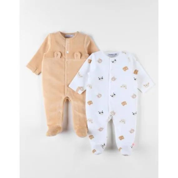 Ensemble De 2 Pyjamas 1 Pièce En Velours Écru/abricot Beige