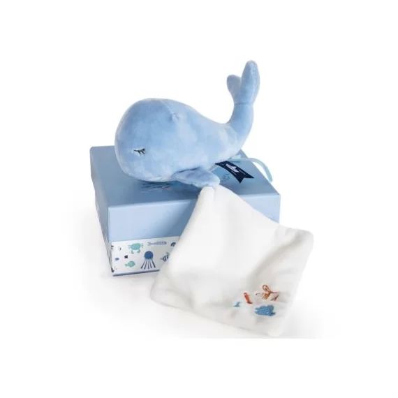 Coffret peluche avec doudou baleine bleue (15 cm)