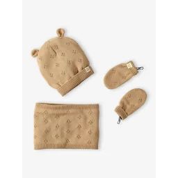 Ensemble bébé fille bonnet à oreilles + snood + moufles en maille ajourée beige chiné