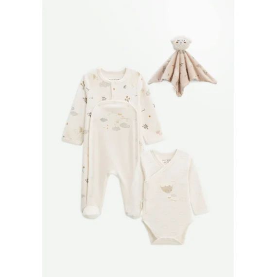 Kit Naissance 3 Pièces Pyjama, Body Et Doudou Bébé Câlins Ecru