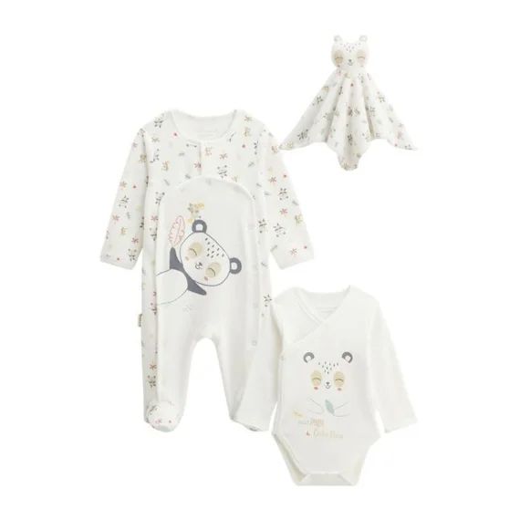 Kit Naissance 3 Pièces Pyjama, Body Et Doudou Bébé Baby Panda Blanc