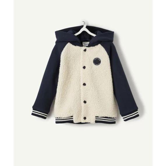 Gilet bleu marine en bouclettes bébé garçon à capuche amovible